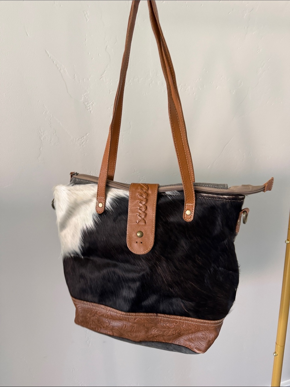 Myra Bag Western Cowhide Tote Bag with Brown Leather Trim. One of a Kind